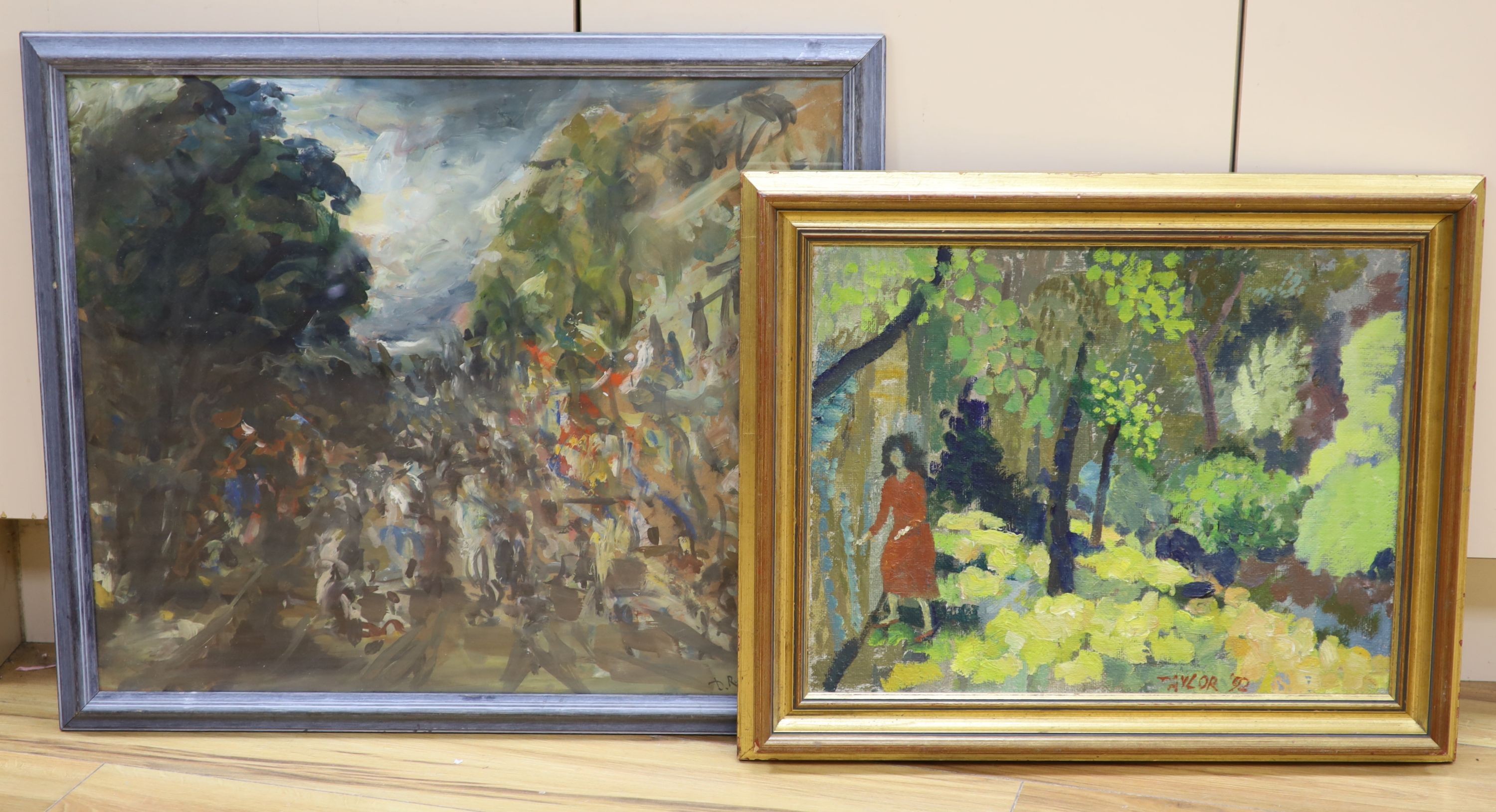 Continental School, oil on card, Impressionistic street scene, indistinctly signed, 49 x 59cm. & W.S.Taylor, oil on board, Garden scene with figure, 35 x 45cm.